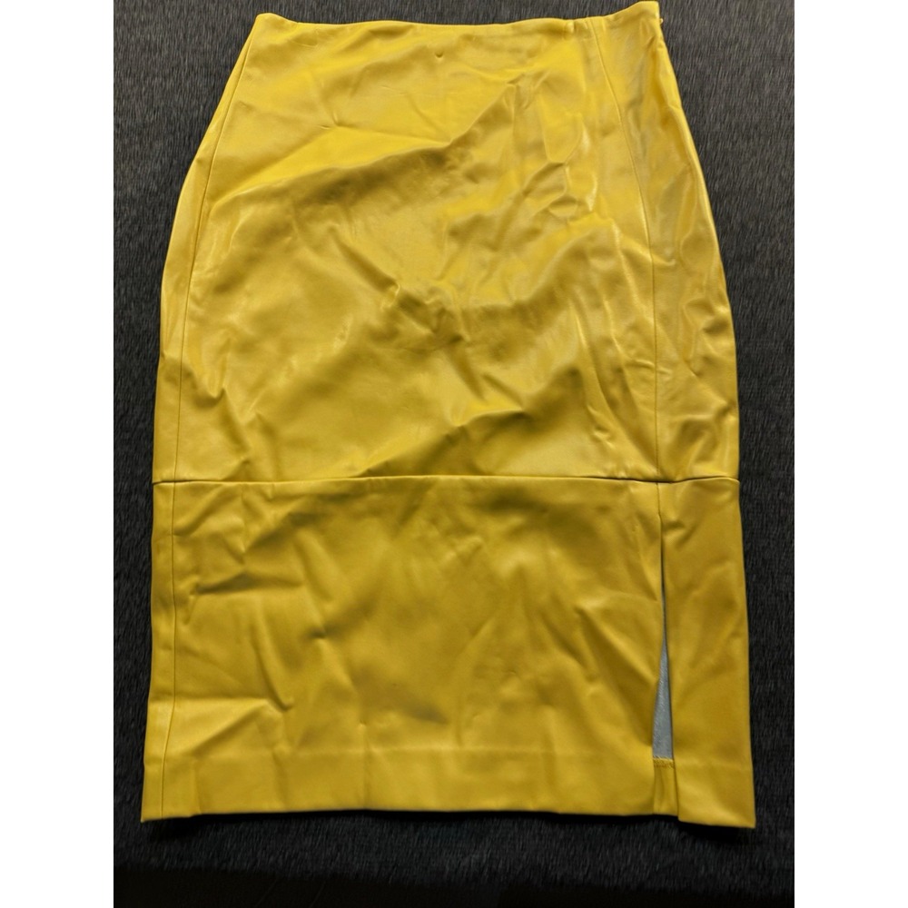 Ann Taylor Factory Yellow Faux Leather Pencil Skirt Zipper Slit Size 0